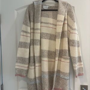 Lush Hooded Open-Front Cardigan Sweater - Cream, Taupe & Pink Trim